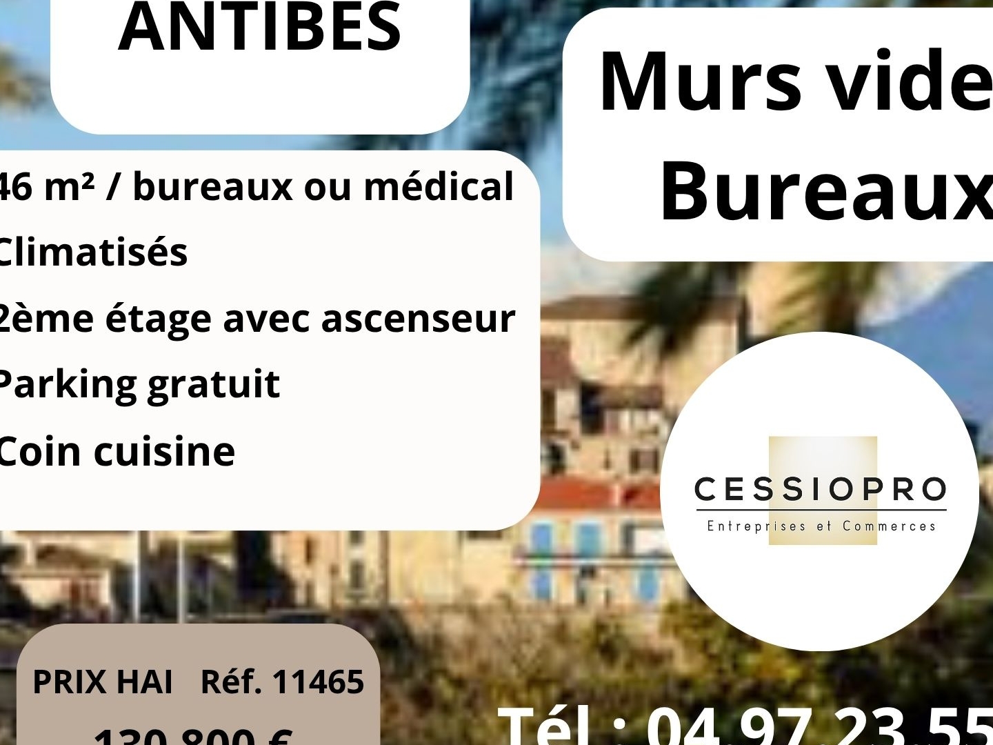Antibes, murs vides 46m2, bureaux ou médical, climatisés, 2éme étage, ascenseur et parking gratuit.