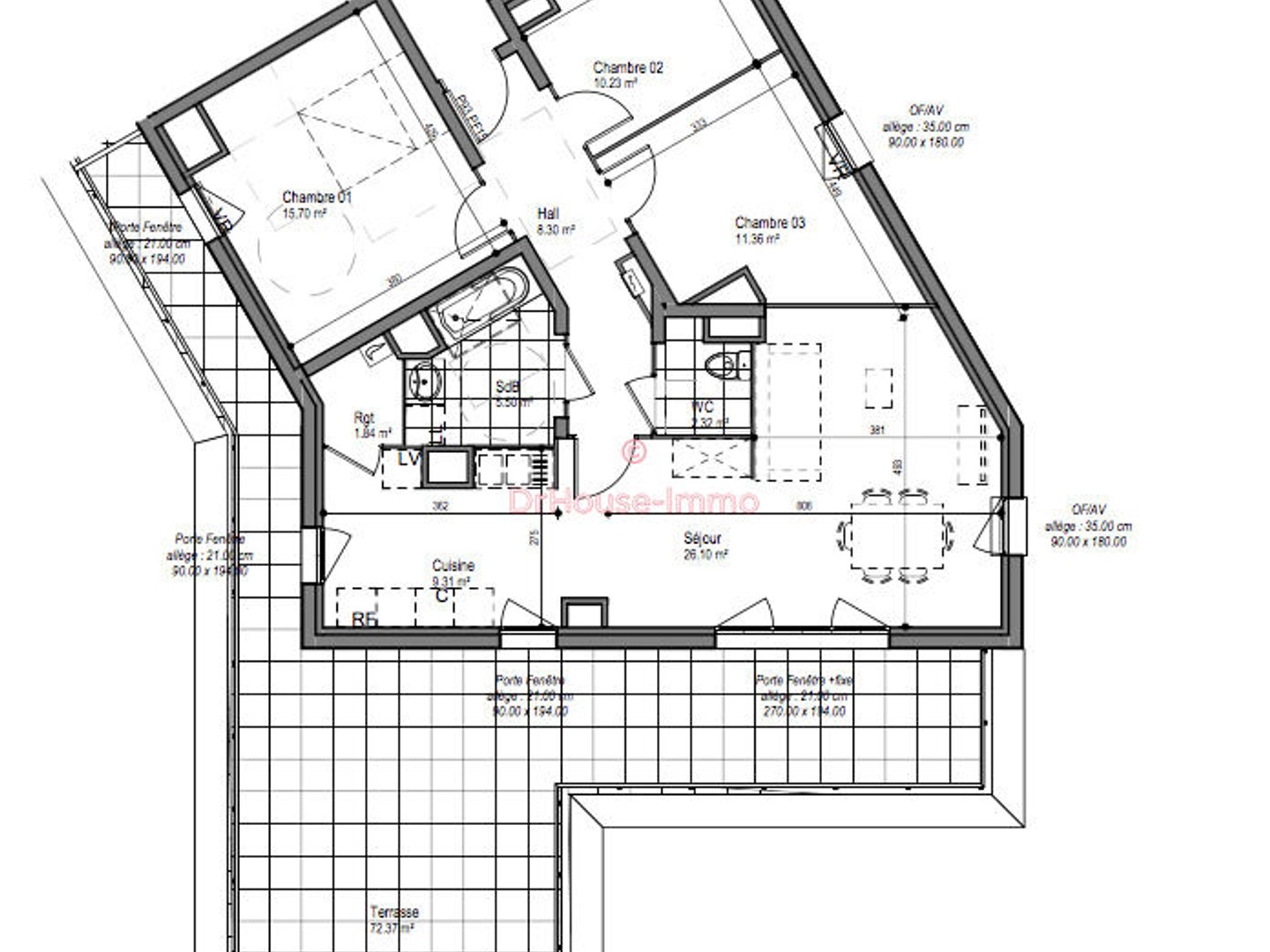 Appartement neuf T4 plein Sud de 90 m2, double terrasse de 72 m2 et 2 parking situé à Haubourdin (Nord - 59).