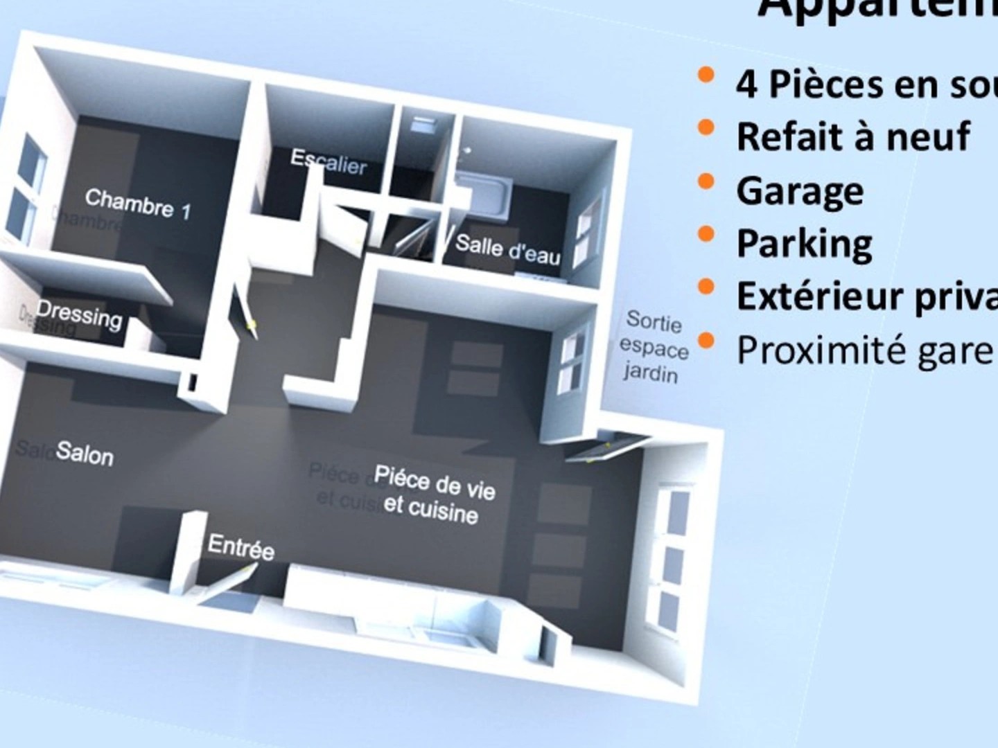Appartement 4 pièces, garage, espace extérieur privatif