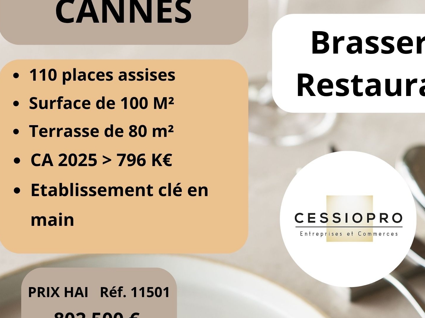 CANNES : BRASSERIE - RESTAURANT - LICENCE IV - TERRASSE 80 PLACES