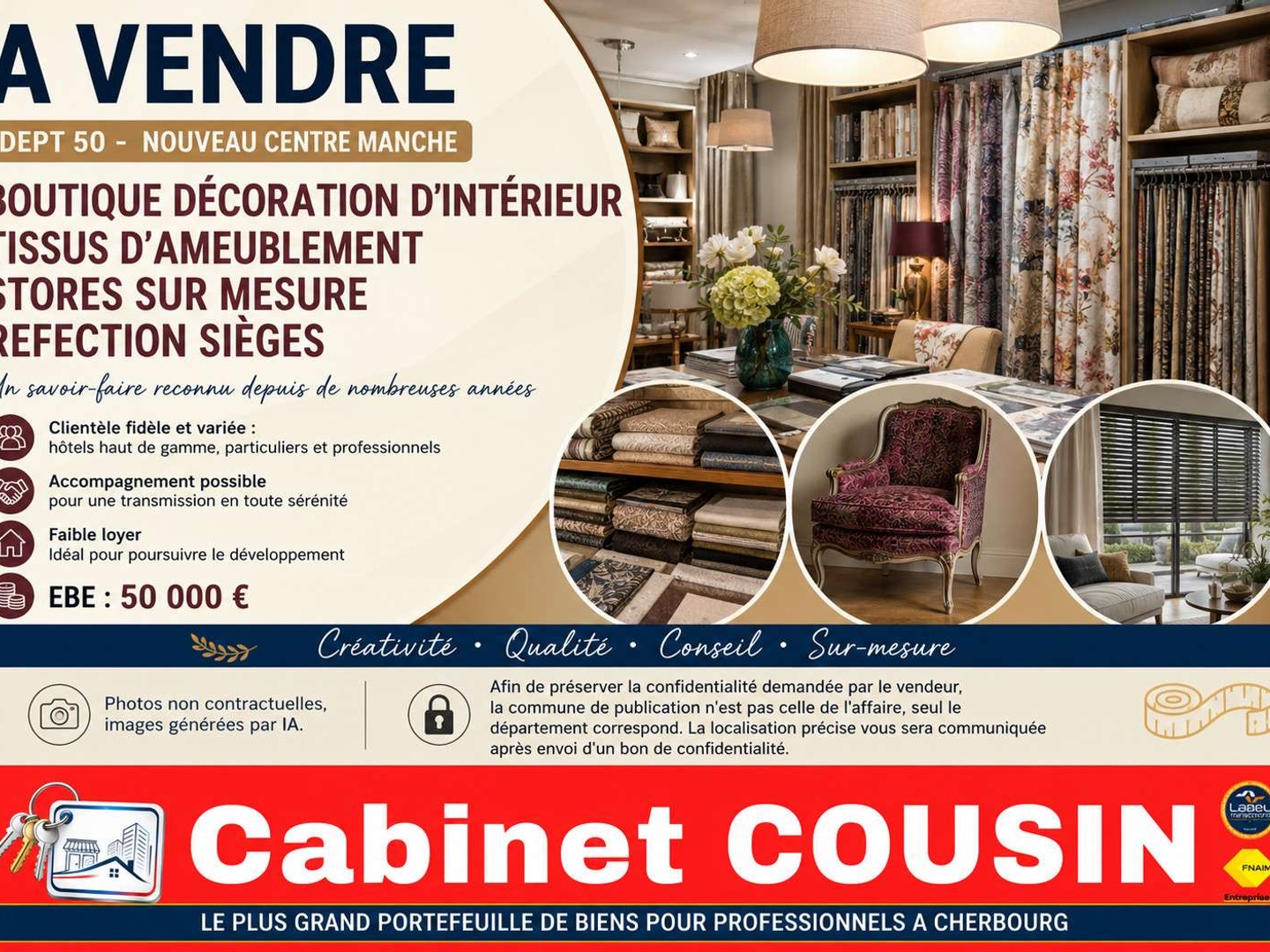 Vente boutique décoration-tissus-stores à Saint-Lô