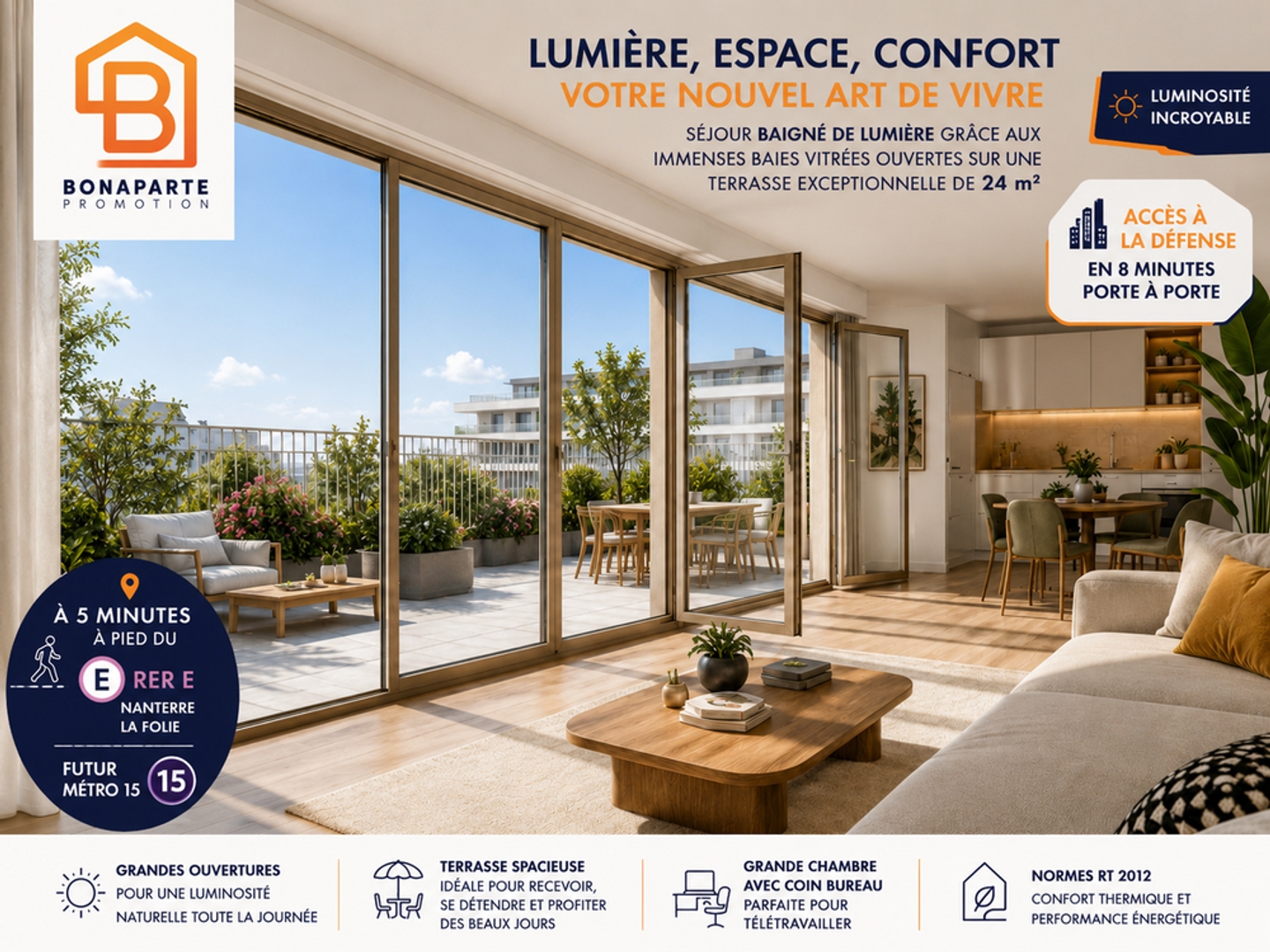 2 PIECES 49m² AVEC TERRASSE 24m² A 300 DU RER E+METRO 15