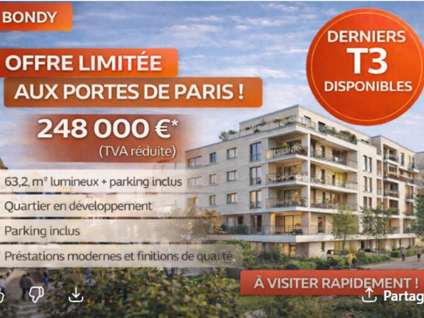 T3 NEUF À PRIX EXCEPTIONNEL OFFRE LIMITÉE AUX PORTES DE PARIS PROCHE DU CANAL A BONDY
