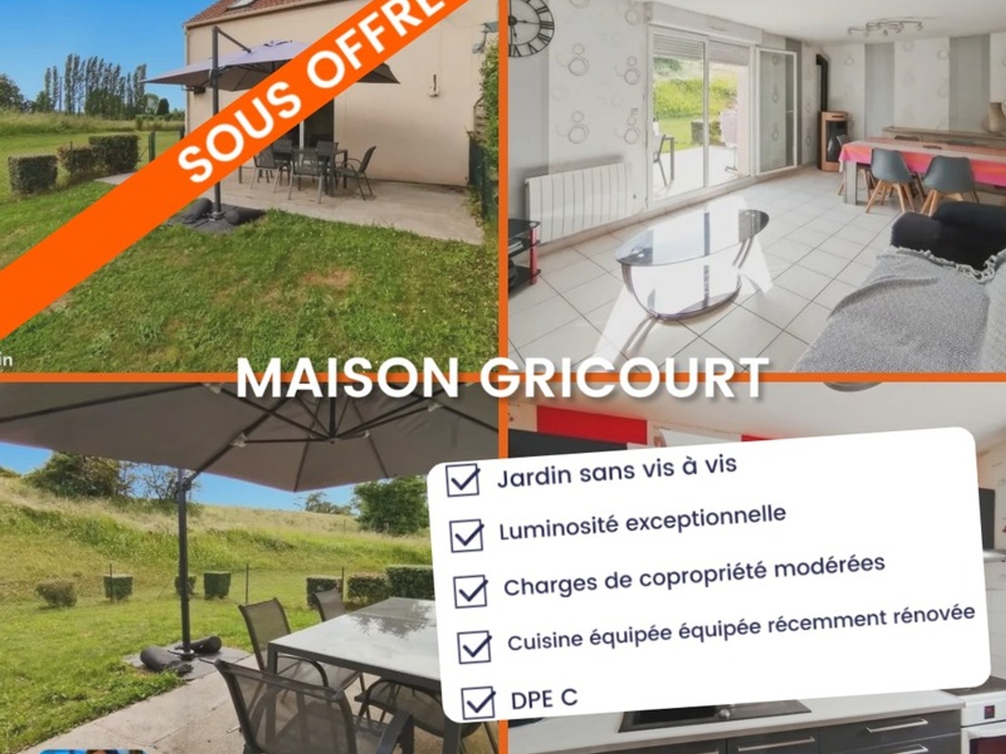 EXCLUSIVITE - 02100 GRICOURT - MAISON SEMI-MITOYENNE - DPE C - 3 CHAMBRES - JARDIN PLEIN SUD - GARAGE