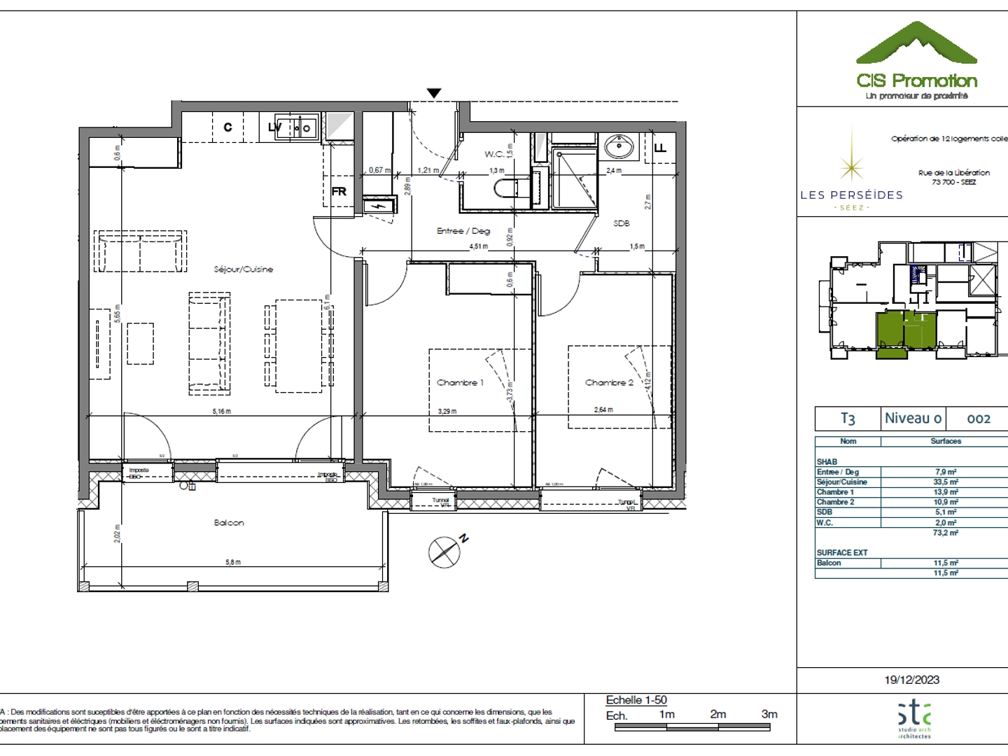 Appartement à vendre - 3 pièces - 73m2 - Séez (73700)