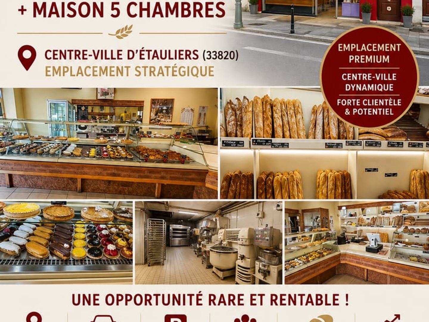 Étauliers centre Boulangerie artisanale avec murs et maison 5 chambres 5 min A10