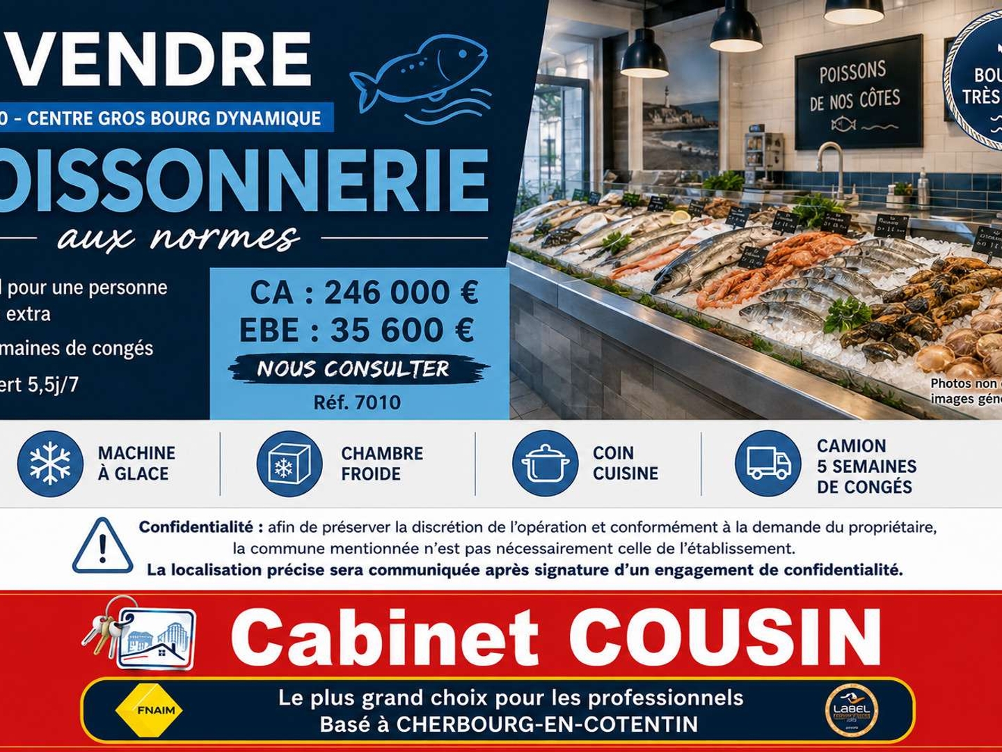 Vente poissonnerie centre gros bourg de la Manche