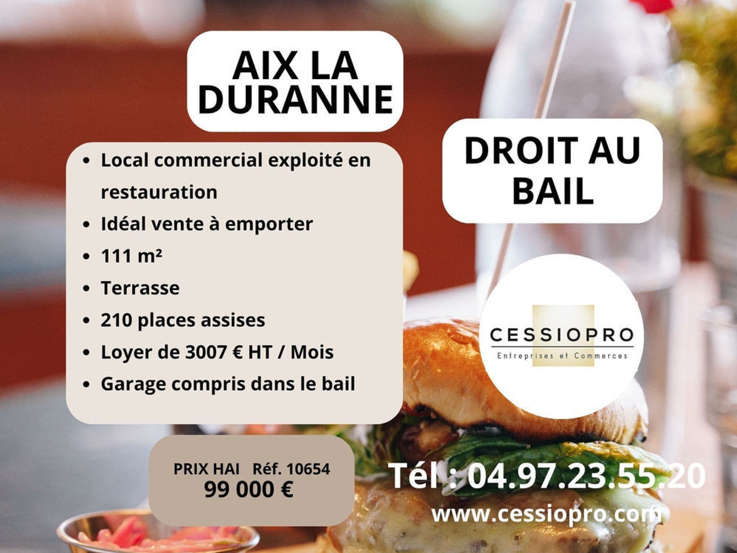 Cession de droit au bail Restaurant idéal Vente à Emporter Emplacement stratégique