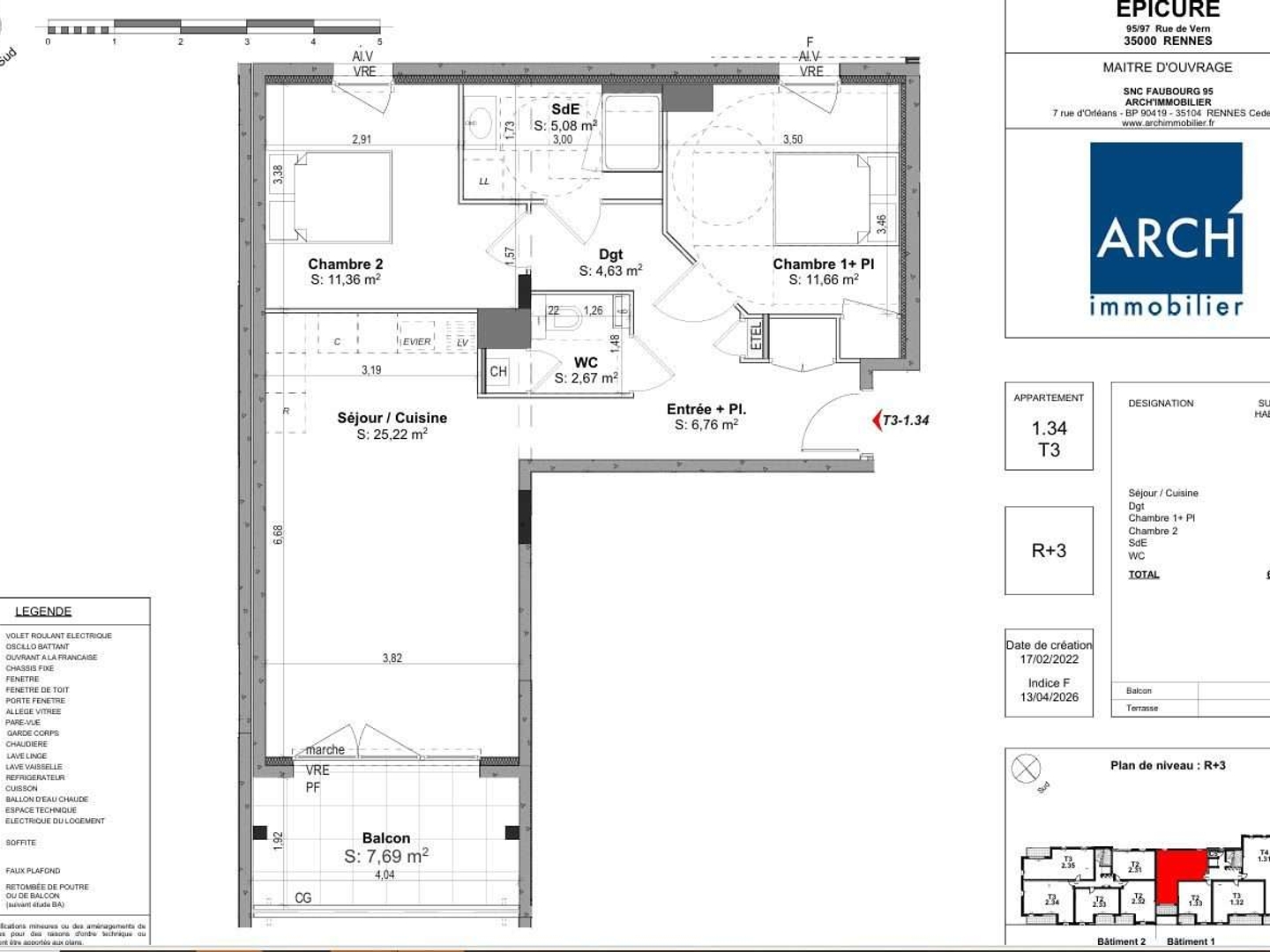 Appartement à vendre - 3 pièces - 67m2 - Rennes (35000)