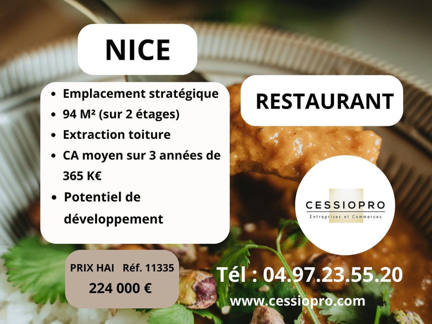 À vendre : Fonds de commerce Restaurant, avec solide réputation au Vieux Nice 365 k€ de CA moyen sur 3 ans