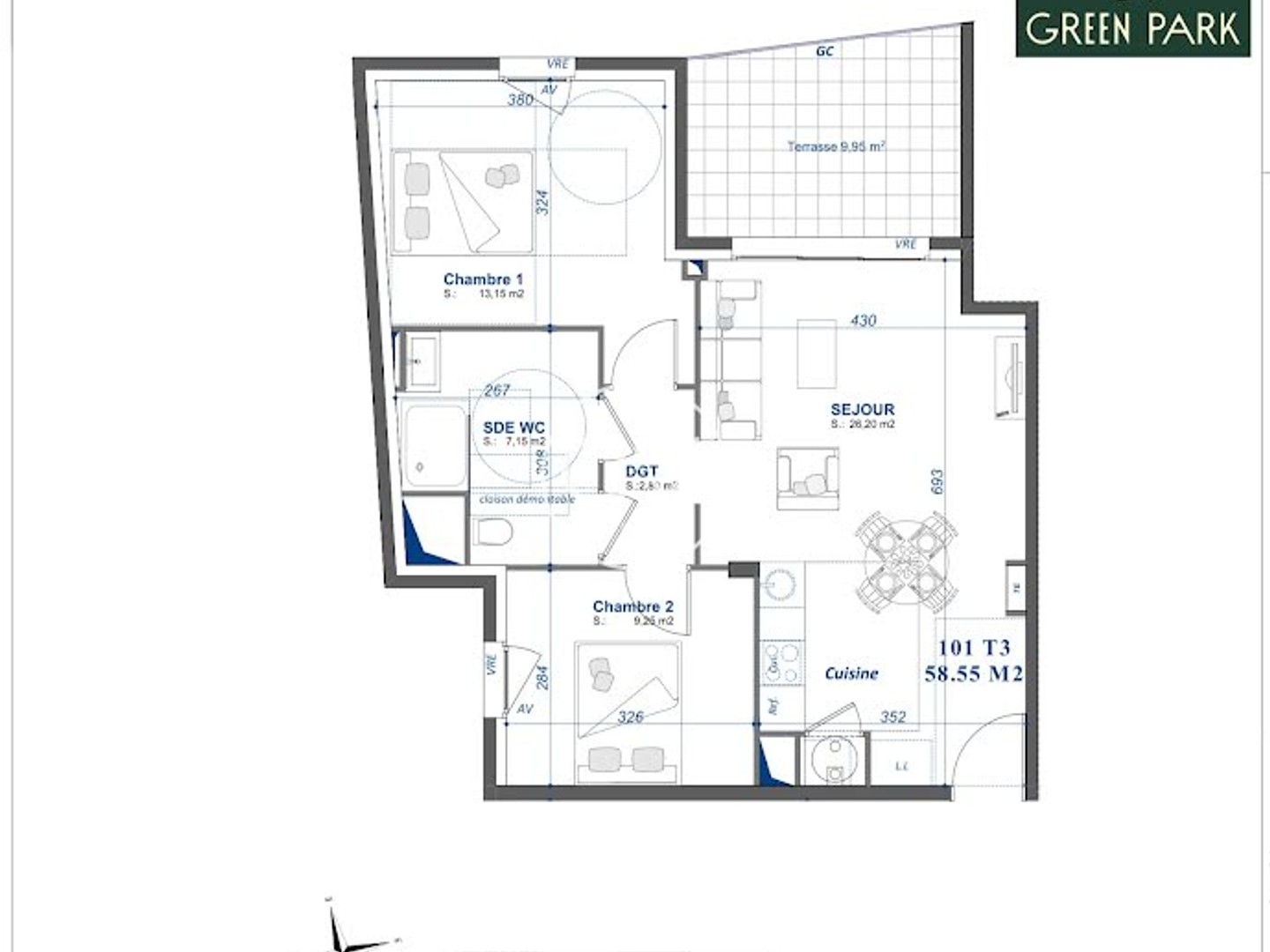 Appartement 3 pièces 59 m²