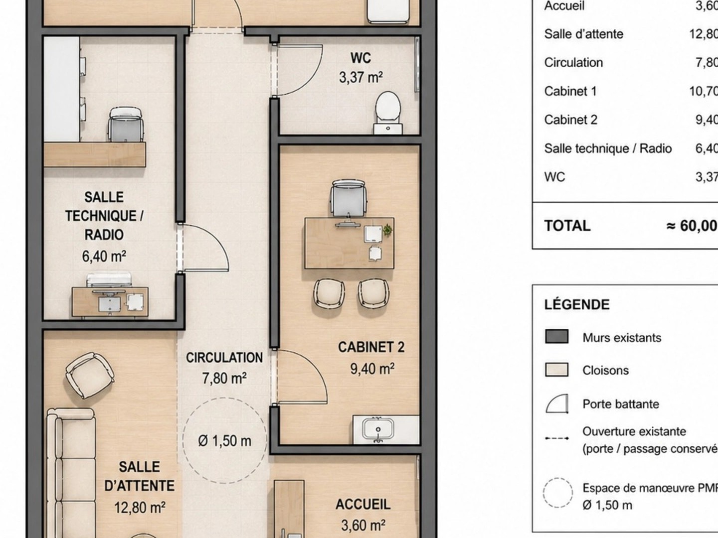 Local 3 pièces 62 m²