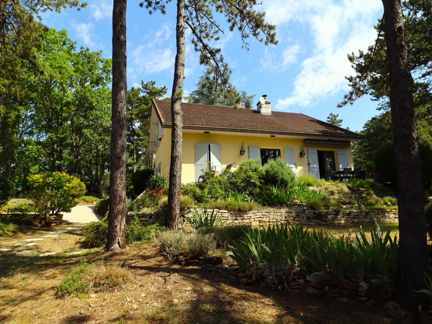 Villa sur terrain arboré et vue sur les vignes.