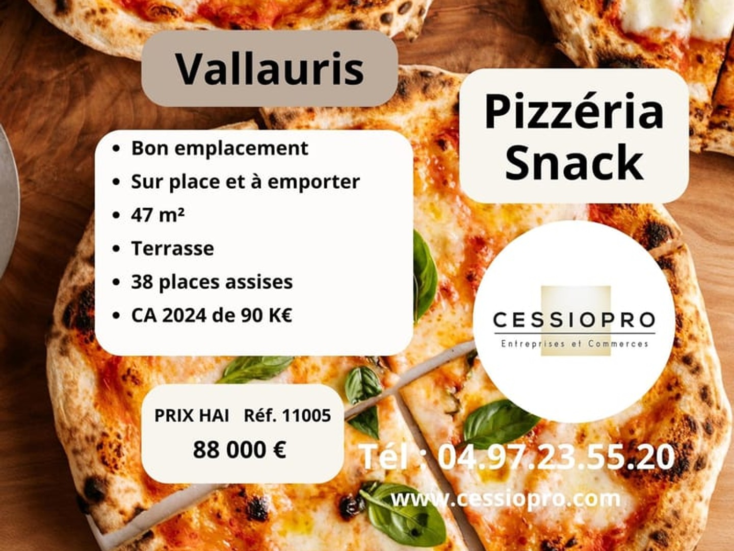 Vallauris, bon emplacement, vend pizzéria snack, sur place et à emporter, terrasse