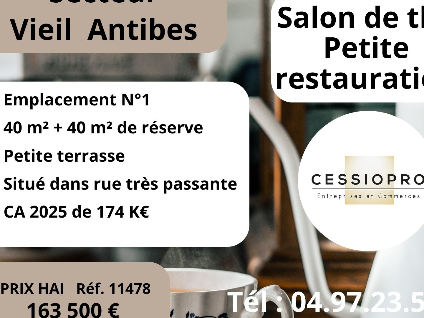 Salon de thé, petite restauration, emplacement No1, petite terrasse, secteur vieil Antibes