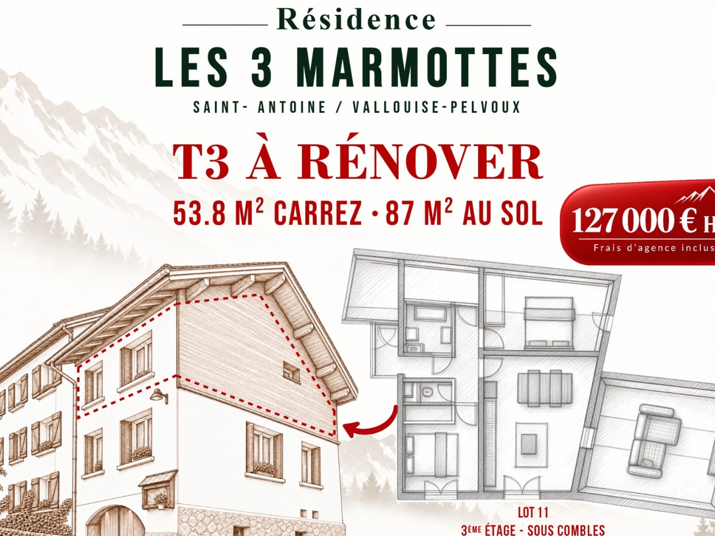 PELVOUX - Appt T3 de 87 m² à rénover
