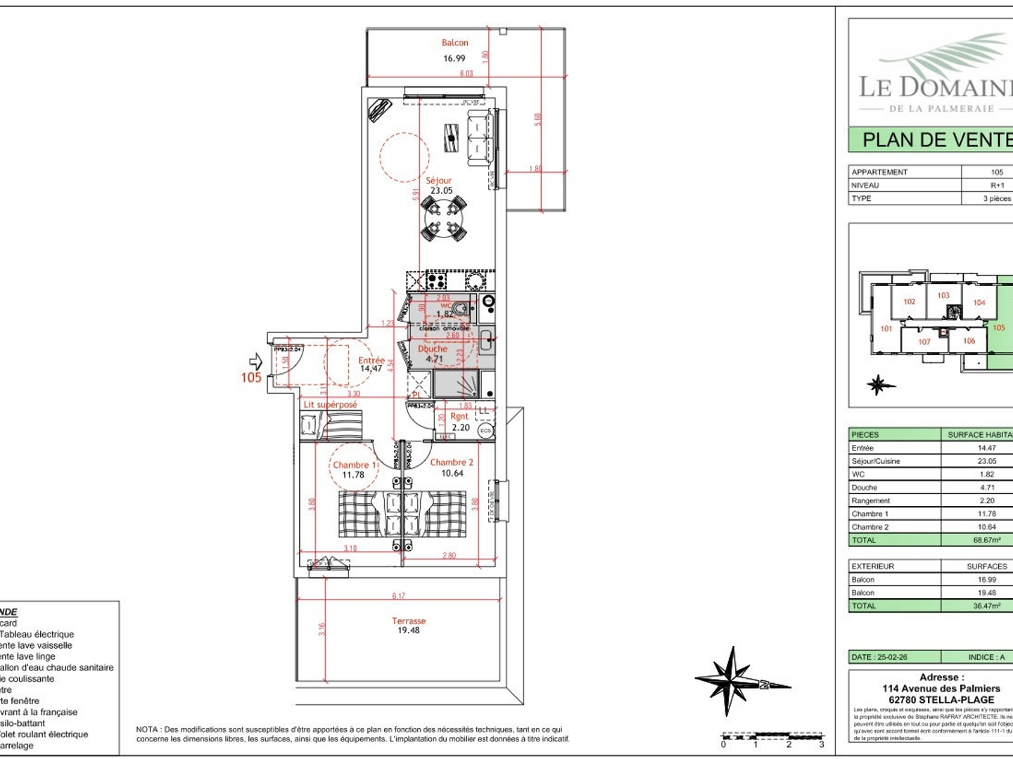 APPARTEMENT DE 68,67 m2 - 2 CHAMBRES + CABINE AVEC TERRASSE